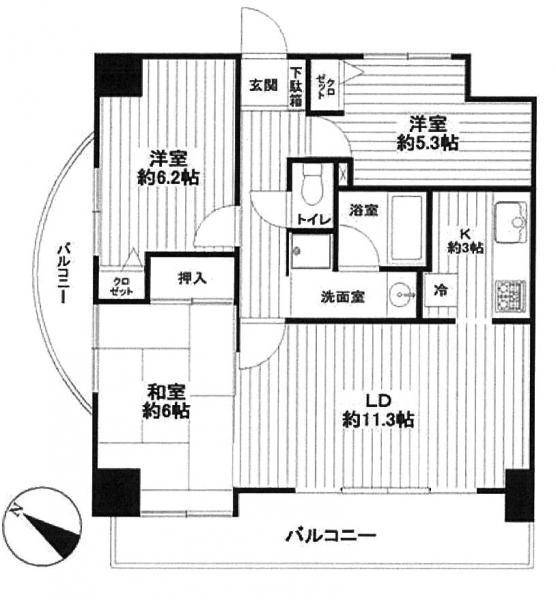 Floor plan. 3LDK, Price 24,800,000 yen, Occupied area 68.88 sq m , Balcony area 15.45 sq m