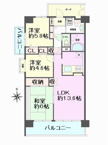 Floor plan. 3LDK, Price 17.8 million yen, Footprint 70.3 sq m , Balcony area 12.45 sq m southwest angle room