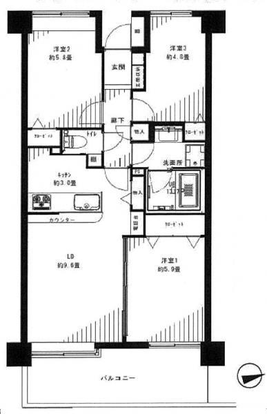 Floor plan. 3LDK, Price 31,800,000 yen, Occupied area 64.74 sq m , Balcony area 9.9 sq m