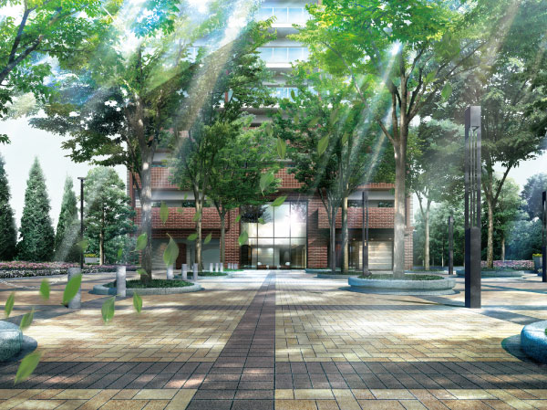 Features of the building.  [Approach Garden] The adoption of comprehensive design system, Realize the land plan full of margin. To create the orderly arranged was serene approach Garden Takagi in relaxed open space, Worthy to be called a symbol of "dwelling Kawaguchi", It embodies the tolerance and aesthetics. (Rendering)