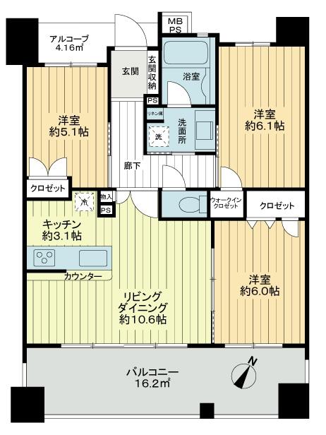 Floor plan. 3LDK, Price 26,900,000 yen, Occupied area 68.16 sq m , Balcony area 16.2 sq m