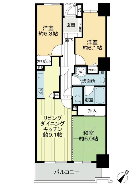 Floor plan. 3LDK, Price 7.8 million yen, Occupied area 69.13 sq m , Balcony area 6.47 sq m floor plan