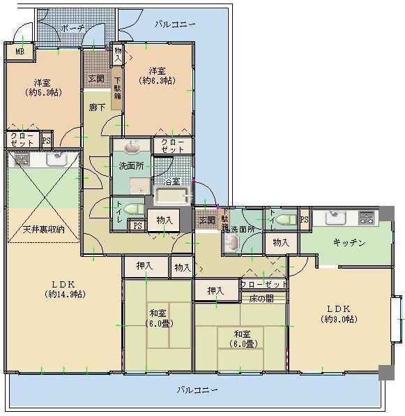 Floor plan. 4LLDDKK + S (storeroom), Price 14.8 million yen, The area occupied 131.4 sq m , Balcony area 37.47 sq m