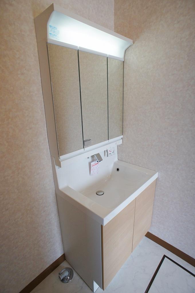 Wash basin, toilet. Grooming check in a large mirror!