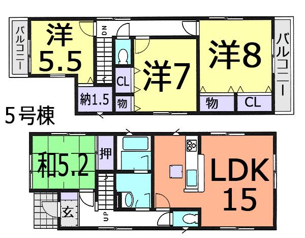 Floor plan. (5 Building), Price 21,800,000 yen, 4LDK+S, Land area 168.38 sq m , Building area 98.41 sq m