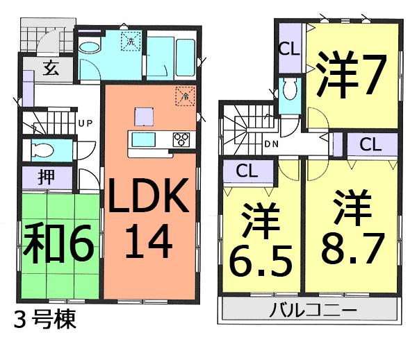 Floor plan. (3 Building), Price 17.8 million yen, 4LDK, Land area 130.8 sq m , Building area 98.01 sq m