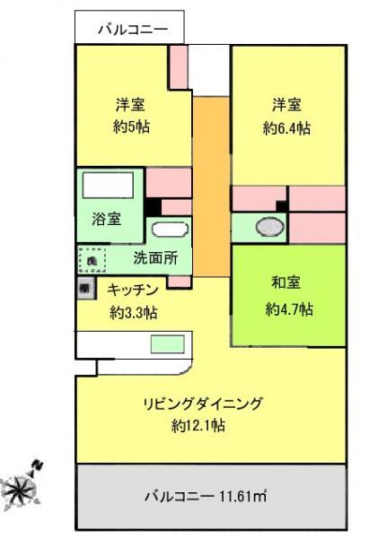 Floor plan. 3LDK, Price 16,900,000 yen, Occupied area 70.62 sq m , Balcony area 11.61 sq m