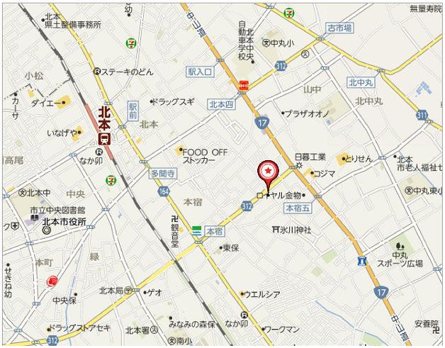 Local guide map. From Kitamoto Station about 1200m (about a 15-minute walk)