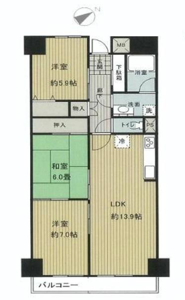 Floor plan. 3LDK, Price 5.9 million yen, Occupied area 71.72 sq m , Balcony area 6.33 sq m