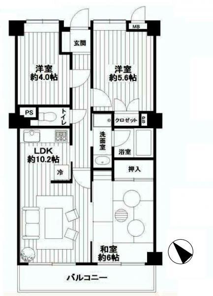 Floor plan. 3LDK, Price 10.8 million yen, Footprint 60.9 sq m , Balcony area 7.8 sq m
