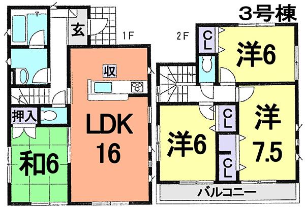 Floor plan. (3 Building), Price 24,800,000 yen, 4LDK, Land area 163.61 sq m , Building area 93.15 sq m