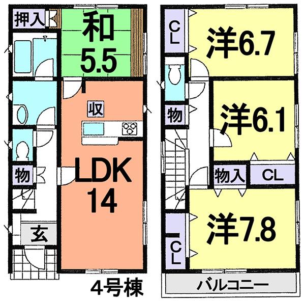 Floor plan. (4 Building), Price 21,800,000 yen, 4LDK, Land area 163.67 sq m , Building area 95.57 sq m