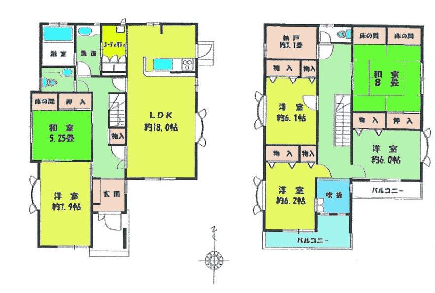 Floor plan. 23,300,000 yen, 6LDK + S (storeroom), Land area 148.74 sq m , Building area 158.77 sq m ● 1F_LDK face-to-face 18 Pledge ・ Western-style 7.9 Pledge ・ Japanese-style room 5.25 Pledge ● 2F_ Western-style 6 tatami more × 3 room Japanese-style room 8 quires! Storeroom 3.1 Pledge!