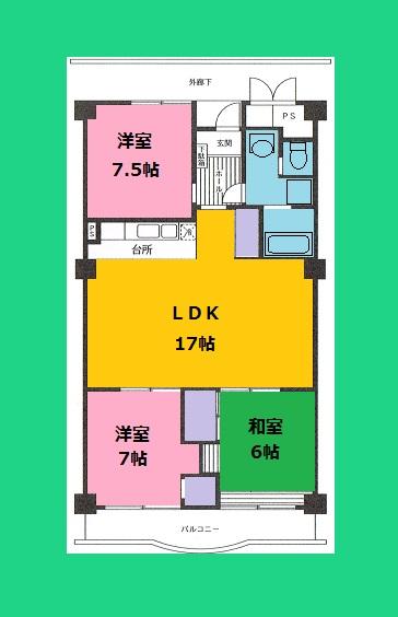 Floor plan. 3LDK, Price 16.8 million yen, Occupied area 87.93 sq m , Balcony area 8.5 sq m