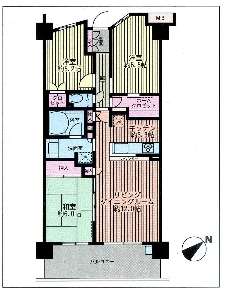 Floor plan. 3LDK, Price 28.8 million yen, Occupied area 74.35 sq m , Balcony area 12.4 sq m