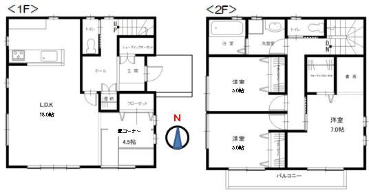 Floor plan. 34,900,000 yen, 3LDK, Land area 172 sq m , Building area 105.16 sq m 3L.D.K Study ・ W.I.C ・ S.I.C 18.0 Pledge tatami corner of L.D.K followed by a flat 4.5 Pledge of Face-to-face kitchen the conversation is lively The second floor of the Western-style (5.0 Pledge) is possible partition