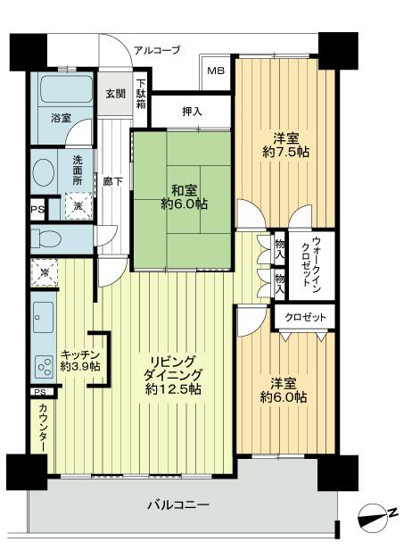 Floor plan. 3LDK, Price 20.8 million yen, Footprint 85 sq m , Balcony area 13.44 sq m