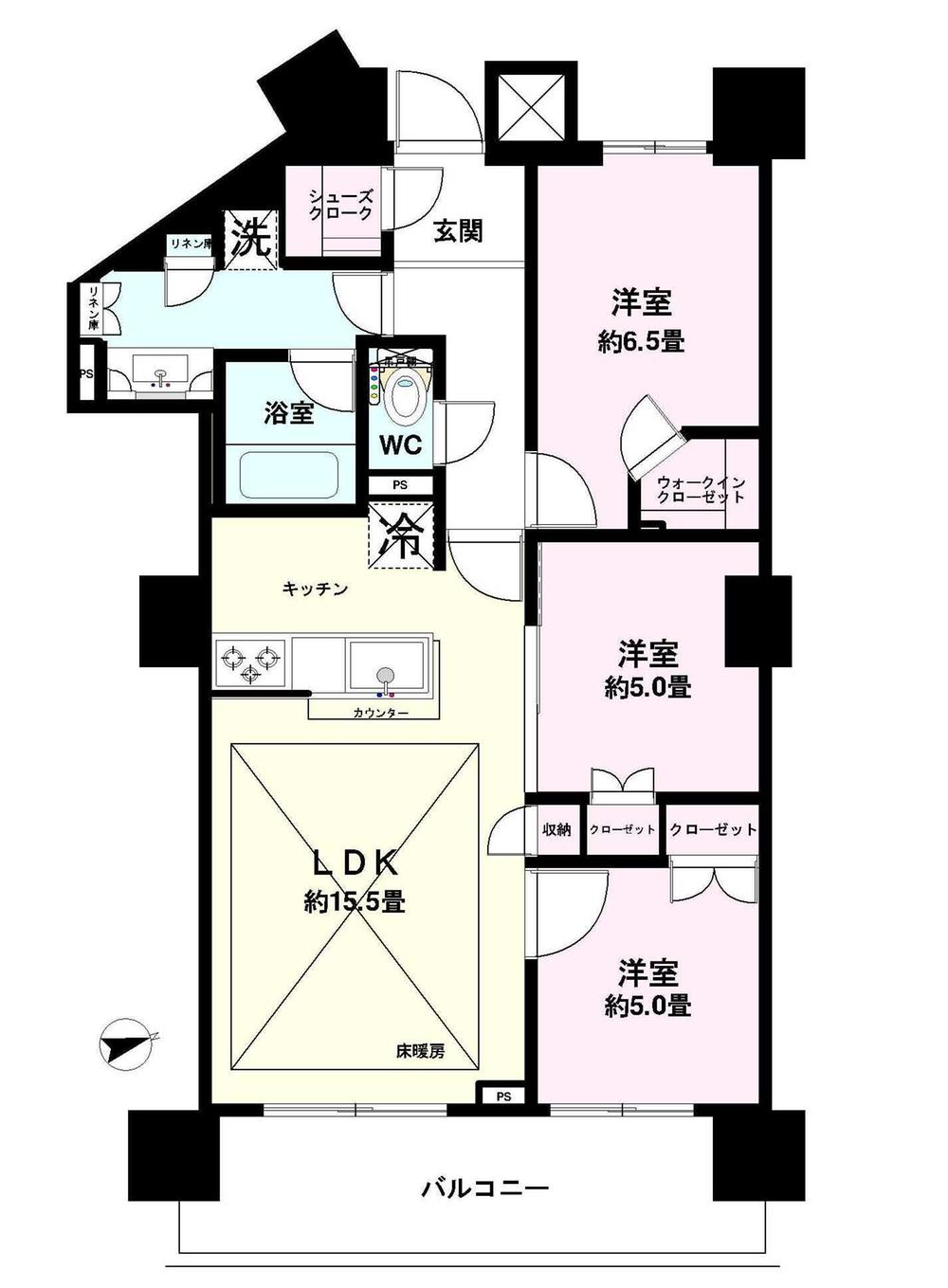 Floor plan. 3LDK, Price 34,800,000 yen, Occupied area 74.04 sq m , Balcony area 11.25 sq m