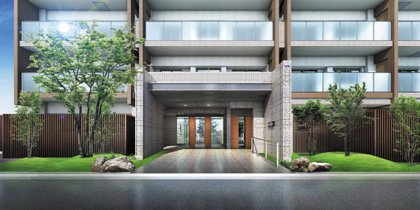 Buildings and facilities. One recessed calm entrance from the main road. Greeted proud, Send a beaming. Community space of the room is, Reminiscent of fine everyday. (Entrance Rendering CG)