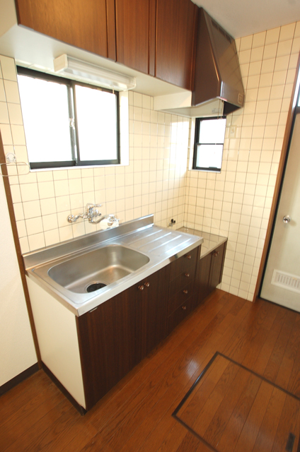 Kitchen. Stylish woodgrain in the kitchen With a convenient back door