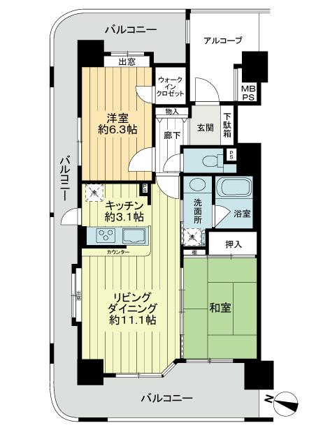 Floor plan. 2LDK, Price 22,800,000 yen, Occupied area 60.07 sq m , Balcony area 31.09 sq m
