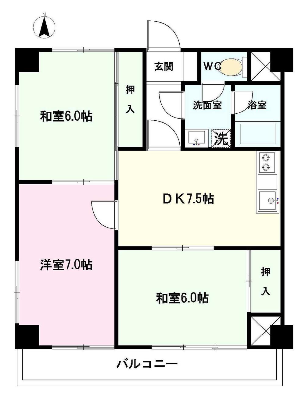 Floor plan. 3DK, Price 9.6 million yen, Occupied area 58.32 sq m , Balcony area 7.2 sq m