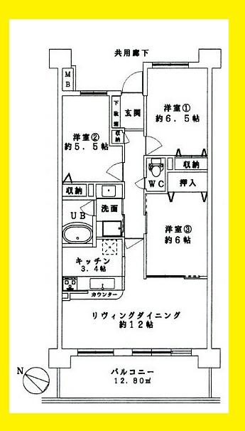Floor plan. 3LDK, Price 19,800,000 yen, Occupied area 72.48 sq m , Balcony area 12.8 sq m