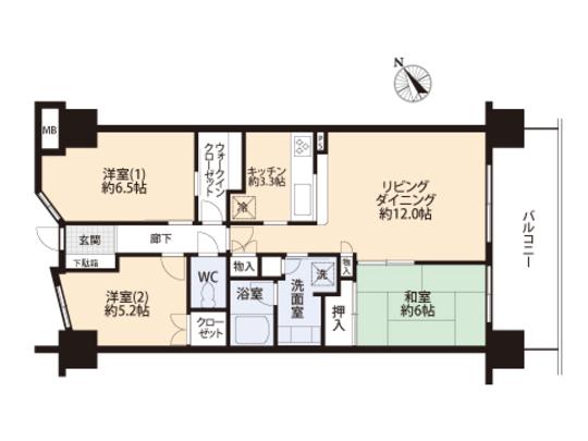 Floor plan. 3LDK, Price 28.8 million yen, Occupied area 74.35 sq m , Balcony area 12.4 sq m floor plan