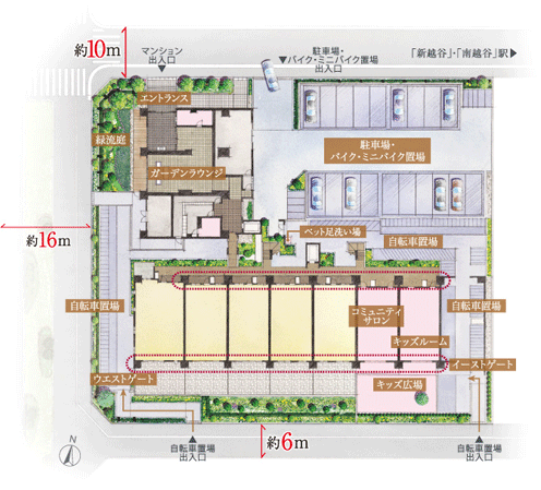 Features of the building.  [Site placement illustrations] About out of the station 173m. Local led to the absence of signal light flat approach, Since the other buildings and a three-way is not adjacent, Blessed with lighting and ventilation. Also, West Many housing for residential area sandwiched between the road (second kind residential area), It will spread open-minded view.