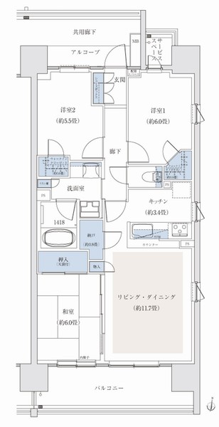 J type / 3LDK + storeroom +2 walk-in closet area occupied / 73.46 sq m  Balcony area / 11.43 sq m service space area / 1.76 sq m
