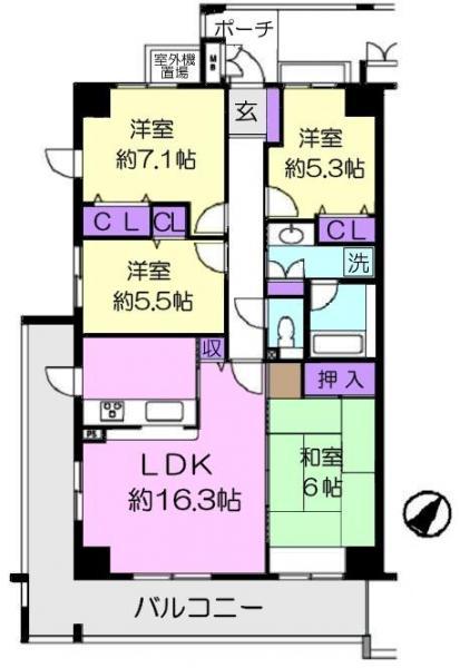 Floor plan. 4LDK, Price 23.5 million yen, Footprint 90 sq m , Balcony area 21.32 sq m