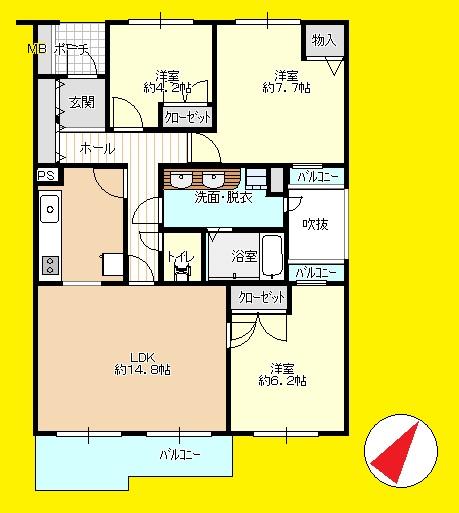 Floor plan. 3LDK, Price 12.2 million yen, Occupied area 76.77 sq m , Balcony area 6.68 sq m
