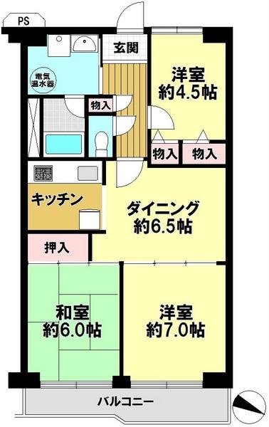 Floor plan. 3DK, Price 12.4 million yen, Footprint 62.4 sq m , Balcony area 26.75 sq m