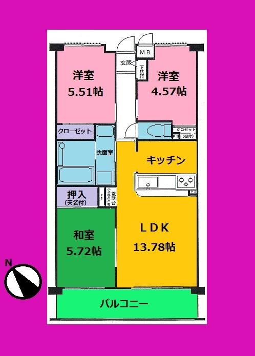 Floor plan. 3LDK, Price 19,800,000 yen, Occupied area 63.67 sq m , Balcony area 9.3 sq m