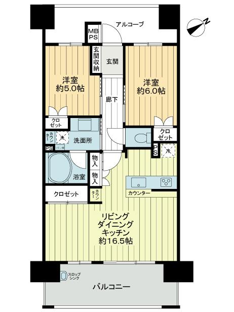 Floor plan. 2LDK, Price 24,800,000 yen, Occupied area 63.02 sq m , Balcony area 12.4 sq m