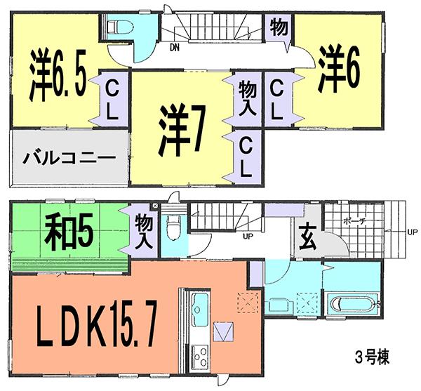 Floor plan. (3 Building), Price 34,800,000 yen, 4LDK, Land area 100.36 sq m , Building area 101.02 sq m