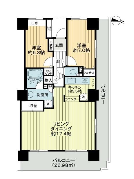 Floor plan. 2LDK, Price 23.8 million yen, Occupied area 73.74 sq m , Balcony area 26.98 sq m
