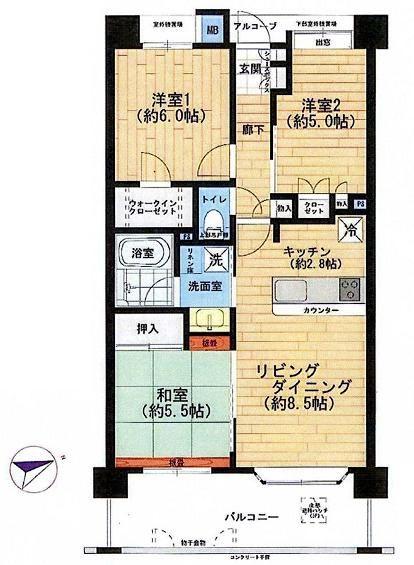 Floor plan. 3LDK, Price 26,900,000 yen, Occupied area 63.87 sq m , Balcony area 11.77 sq m