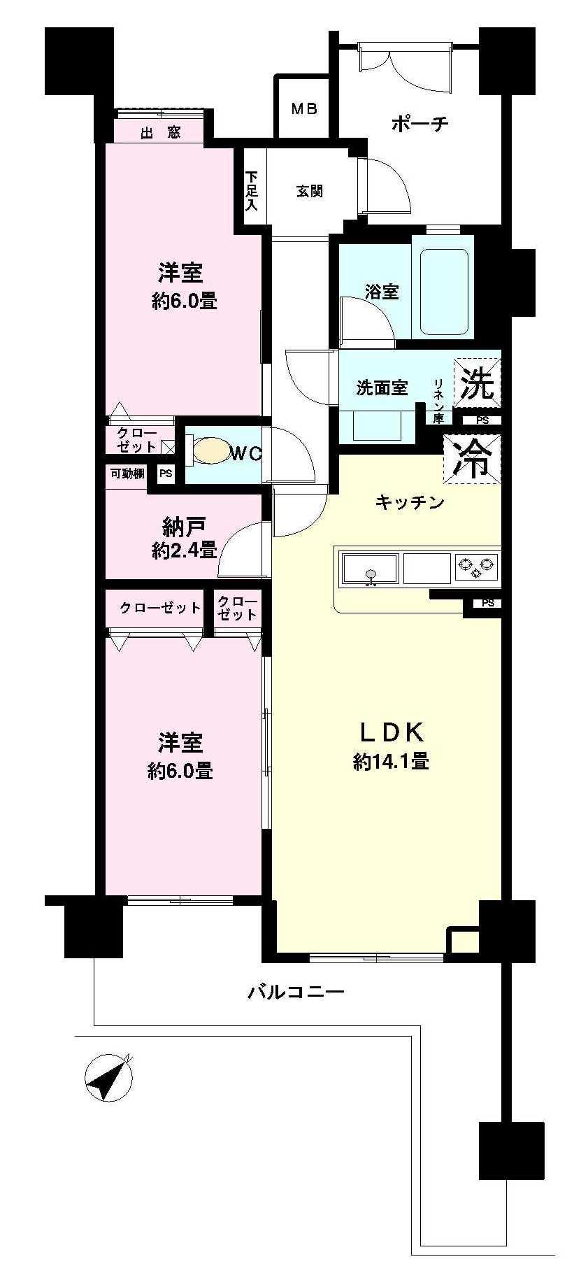 Floor plan. 2LDK + S (storeroom), Price 19,800,000 yen, Occupied area 63.07 sq m , Balcony area 12.7 sq m