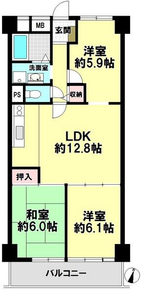 Floor plan. 3LDK, Price 10.8 million yen, Occupied area 66.08 sq m , Balcony area 7.28 sq m