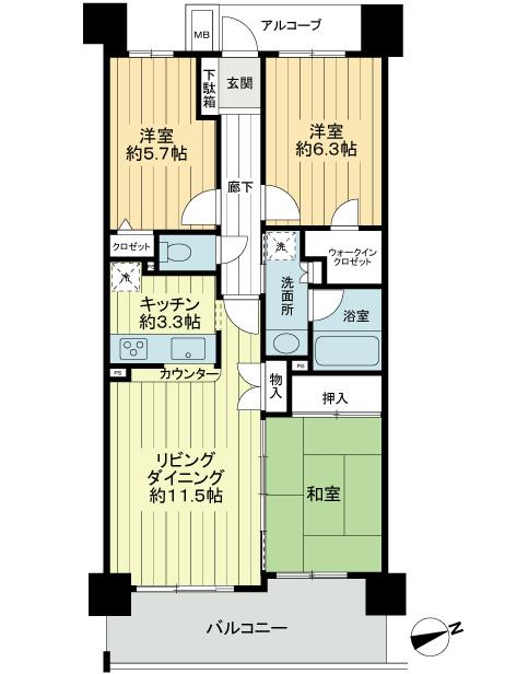 Floor plan. 3LDK, Price 19,400,000 yen, Occupied area 72.38 sq m , Balcony area 11.37 sq m