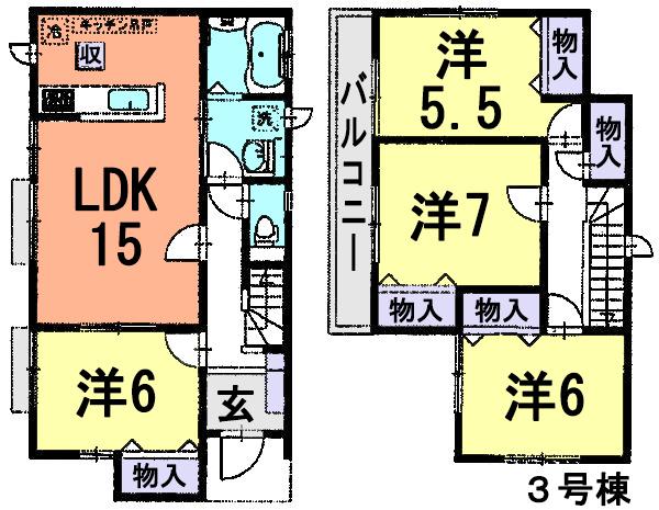 Floor plan. (3 Building), Price 29,800,000 yen, 4LDK, Land area 147.88 sq m , Building area 98.53 sq m