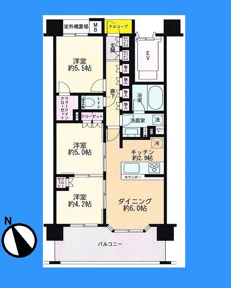 Floor plan. 3DK, Price 28.8 million yen, Occupied area 58.39 sq m , Balcony area 11.37 sq m