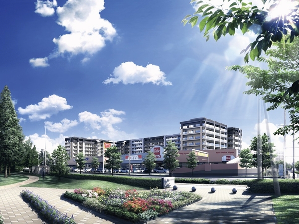 All 200 units of the building appearance when viewed from the Sakurada Sports Park (Rendering). Is "Vesta east Washinomiya" of complex shopping facilities look forward to adjacent
