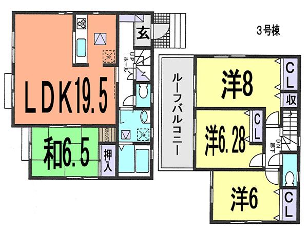 Floor plan. (3 Building), Price 16.8 million yen, 4LDK, Land area 156.2 sq m , Building area 105.16 sq m