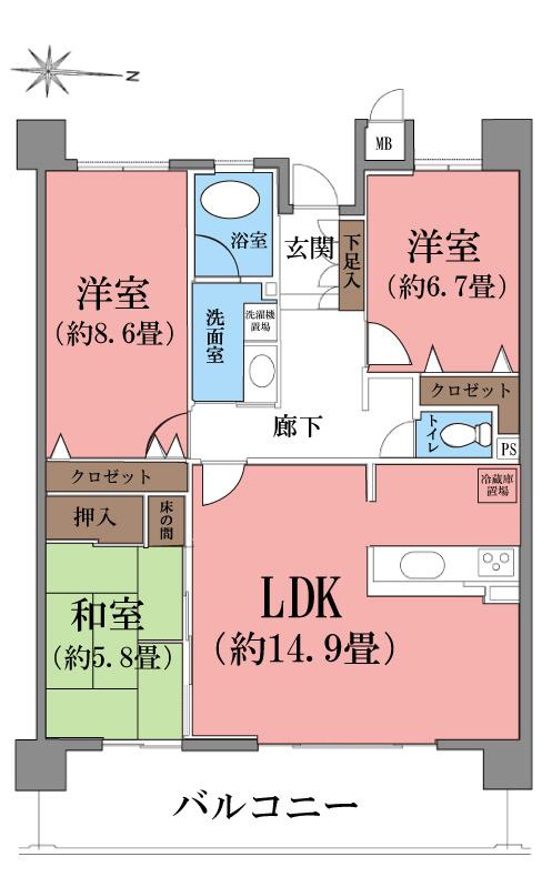 Floor plan. 3LDK, Price 23 million yen, Occupied area 89.15 sq m , Balcony area 17.03 sq m