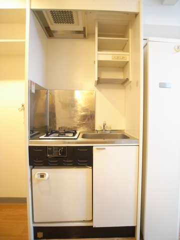 Kitchen. Mini fridge, Hob