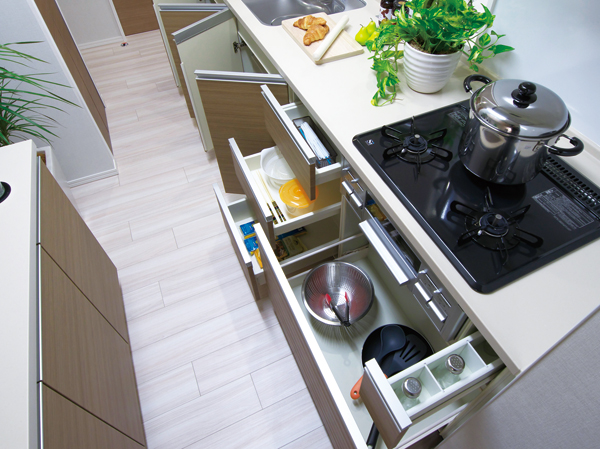 Kitchen.  [Stove under slide cabinet] Slide cabinet, Storage is that once you tidy up seasoning frequently use from a large cookware less frequency of use.