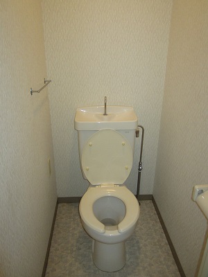 Toilet. It is the restroom, There is a towel rack