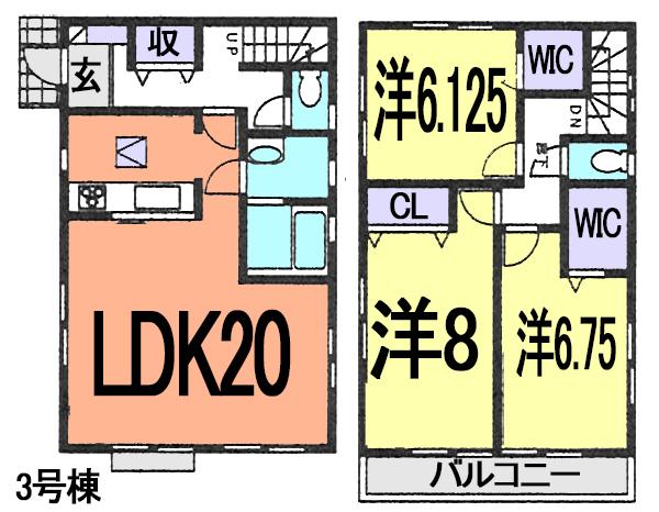 Floor plan. (3 Building), Price 19,800,000 yen, 3LDK, Land area 133.23 sq m , Building area 96.88 sq m